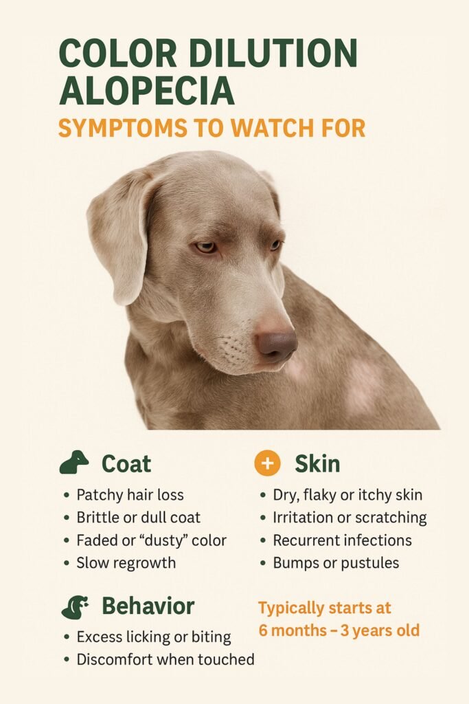 symptoms of Color Dilution Alopecia (CDA) on a dilute-colored dog