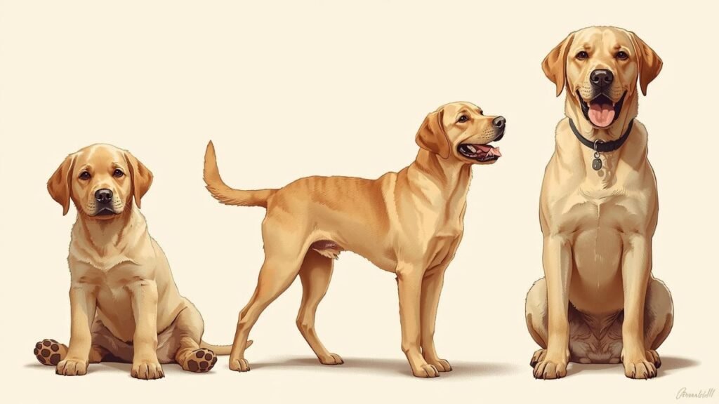 A visual representation of a Labrador at different growth stages: puppy, adolescent, and adult.