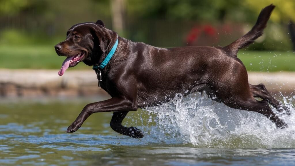 A healthy, adult Labrador Retriever demonstrating its athletic build, perhaps running or swimming.